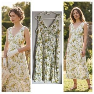 Laura Ashley Linen Blend Midi Dress Yellow Floral Lace Regencycore NWT